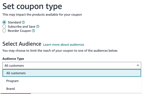 How to choose your coupon code type and audience when creating coupons.